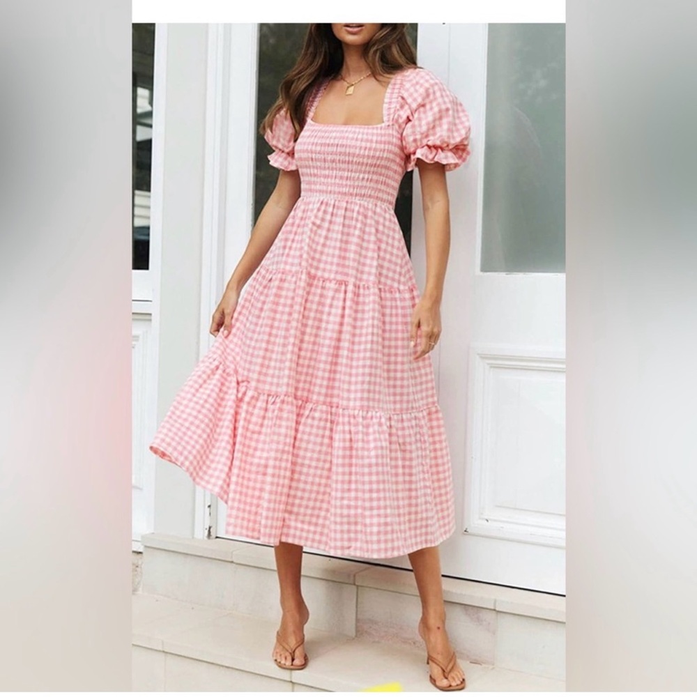 ZESICA Women’s Pink & White Gingham Smocked Midi Dress – Size L